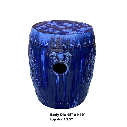Orientliving Chinese Mixed Blue Round Lotus Clay Ceramic Garden Stool Table Blue