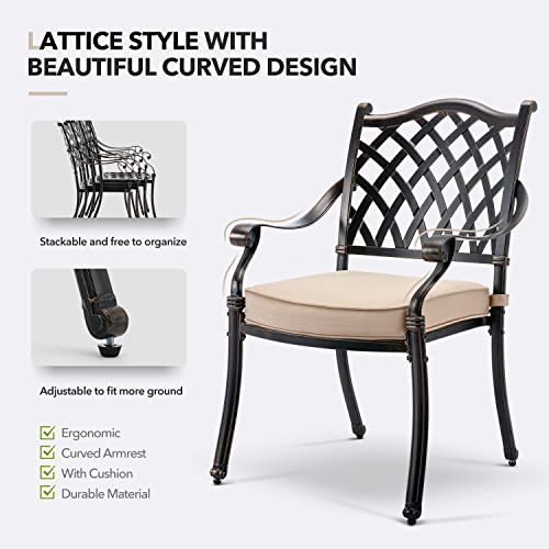 Ailismail 7-Piece Outdoor Dining Set Cast Aluminum Retro Patio Dining Set for 6 with 59” Table, 6 Chairs, Thicker Cushion, and Umbrella Hole Bronze