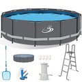 BlueBay Above Ground Swimming Pool Set 15ft x 48in with 1000 GPH Filter Pump, Cover, Ladder, Maintenance Kit Gray Frame