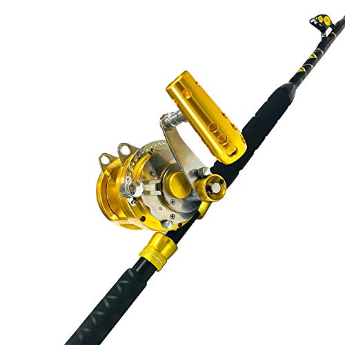 EAT MY TACKLE 30 Wide 2 Speed Fishing Reels on 30-50 Pound Tournament Rods Gold (2 Pack)