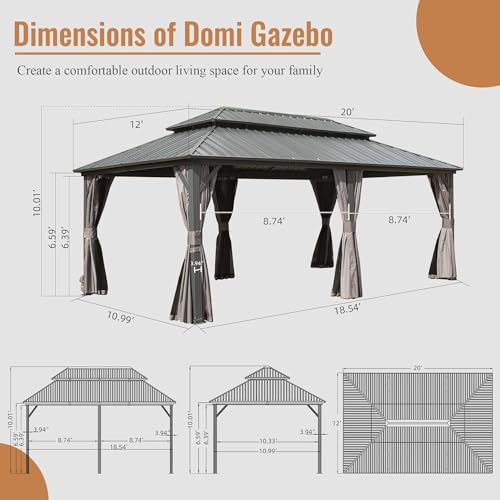 LOPOO Hardtop Gazebo Aluminum with Galvanized Steel Double Roof Gray