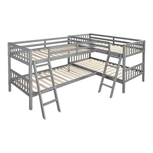 BOVZA L-Shaped Quad Bunk Bed Twin Size with Ladders & Guardrails Grey