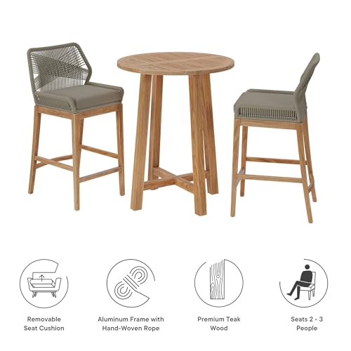 Modway Wellspring 3-Piece Teak Wood Outdoor Bar Set Light Gray Greige