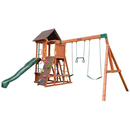 KidKraft Raptor Trail Wooden Swing Set with Twisty Ladder, Wavy Slide, Rock Wall Brown