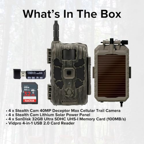 Stealth Cam 40MP Deceptor Max Cellular Trail Camera Bundle with Solar Panel, Card Reader, and 32GB Memory Card (11 Items)