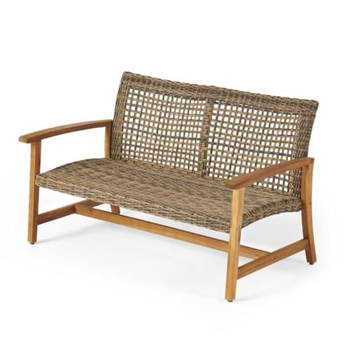 Noble House Breakwater 5-Piece Outdoor Wood and Wicker Loveseat Set Grey