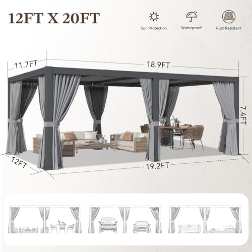 Jolydale Louvered Pergola 12ft x 20ft Aluminum with Adjustable Top Gray