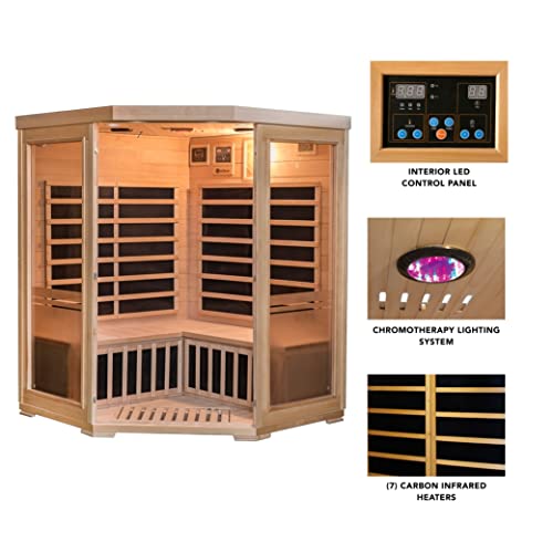 Heat Wave 3 Person Sauna Corner Fitting Infrared FIR FAR 7 Carbon Heaters Hemlock Wood MP3 Player 2 Speakers Color Therapy Light LED Control Panel Wood