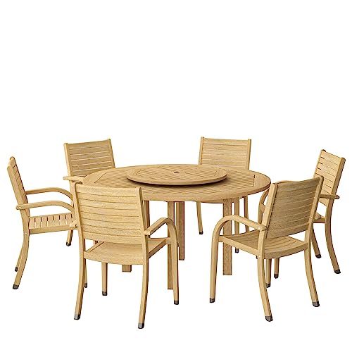 Amazonia Powell 7-Piece Wood Patio Dining Set Round Table with Lazy Susan Light Brown - Teak Finish