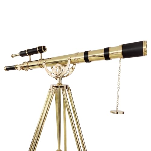 NAVIROCK Royal Vintage Double Barrel Brass Telescope with Black Leather & Adjustable Wooden Tripod Shiny Brass