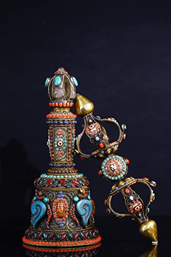 Generic Tibetan Silver Gilt Mosaic Gem Dzi Beads Vajra Rattle Bell Set 17