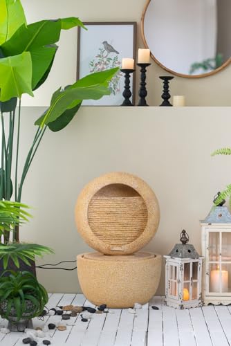 Kaimei Cement Tabletop Fountain with Light and Pump, 2-Tiered Indoor/Outdoor Decor Beige+Yellow