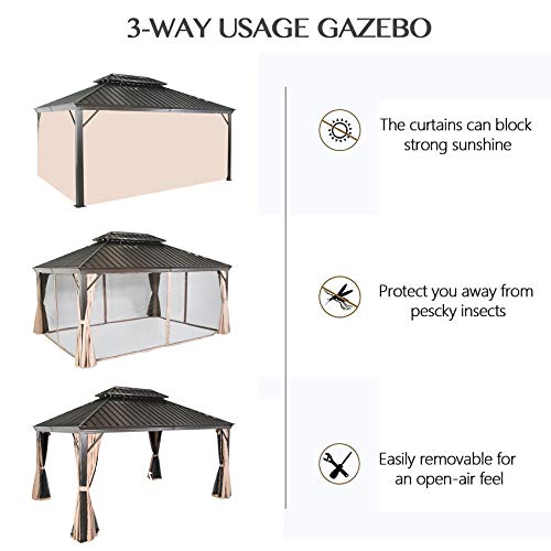 Patio Tree 10' x 12' Hardtop Aluminum Gazebo with Mosquito Net and Privacy Sidewalls