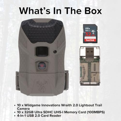 Wildgame Innovations Wraith 2.0 Lightsout Trail Camera Bundle with 40 Infrared LEDs, 32GB Memory Cards & USB Card Reader (10-Pack)