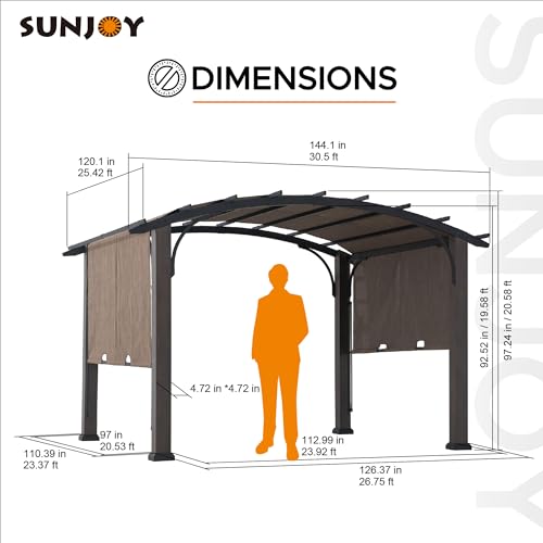 Sunjoy 10’ x 12’ Outdoor Steel Arched Pergola with Adjustable Canopy Tan