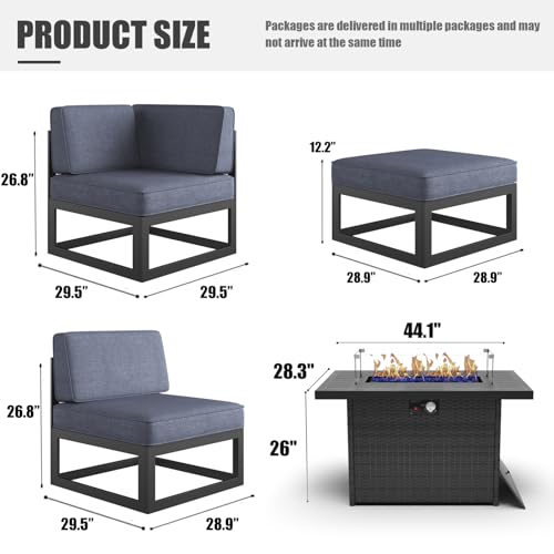 LayinSun Large Aluminum Patio Furniture Set with Fire Pit Table, 11 Pieces Outdoor Sectional Sofa Set Black/Navy Blue