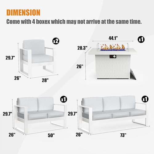 KHOLH 5 Piece Modern Aluminum Patio Furniture Set with Fire Pit Table Light Gray