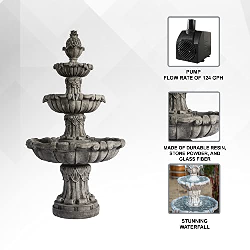 XBrand 3-Tier Outdoor Freestanding Bird Bath Fountain with Pump Gray