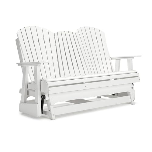 Benzara Sami 67 Inch Outdoor Adirondack Glider Loveseat with Dropdown Cupholders White