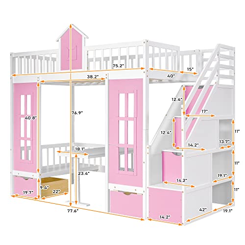 Harper & Bright Designs Twin Size Loft Bed with Stairs and Desk Pink
