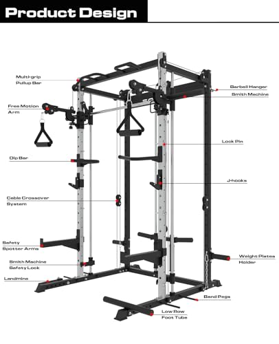 EonfitOmni Smith Machine Power Cage Multifunctional Squat Rack with Smith Bar, Pulley System for Strength Training Equipment 1000lbs Red3