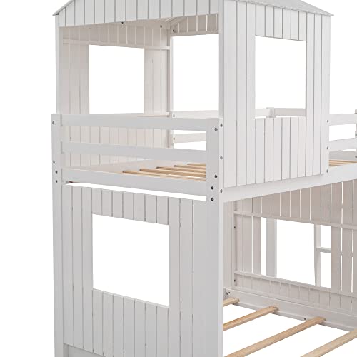 Harper & Bright Designs Twin Over Full House Bunk Bed with Slide and Roof White