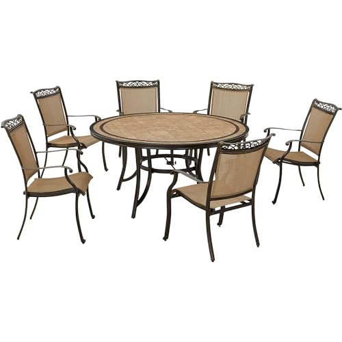 Hanover Fontana 7-Piece Outdoor Patio Dining Set with 6 Sling Chairs and Round Table Tan/Bronze