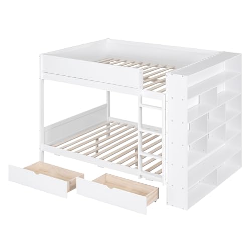 Acosure Full Over Full Bunk Bed with Storage Drawers & Cabinet White