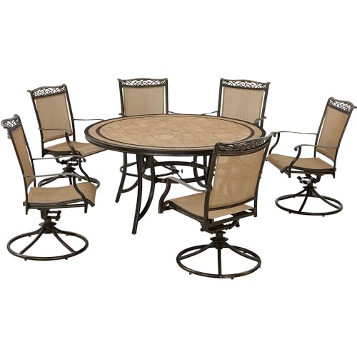Hanover Fontana 7-Piece Outdoor Dining Set with 6 Sling Swivel Rocker Chairs and Round Table, Tan/Bronze