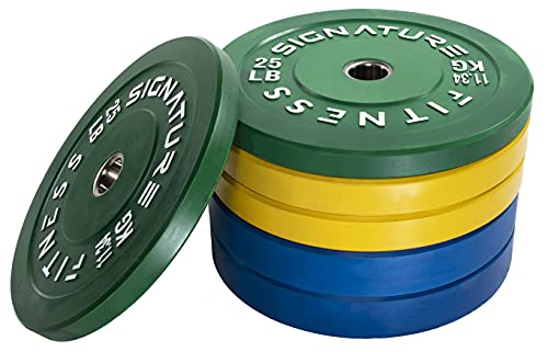 Signature Fitness 210LB Olympic Bumper Plate Set with 7FT Barbell Colored