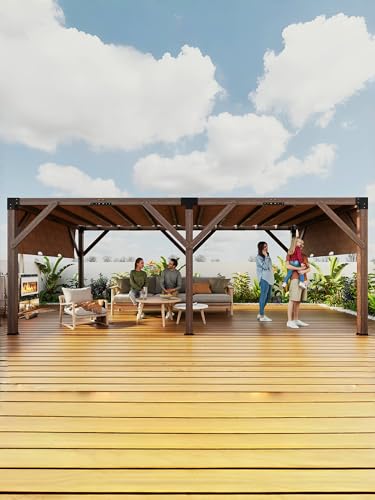 KYBOLT 12x20 Ft Wood Pergola with Retractable Sunshade Canopy Reddish-Brown