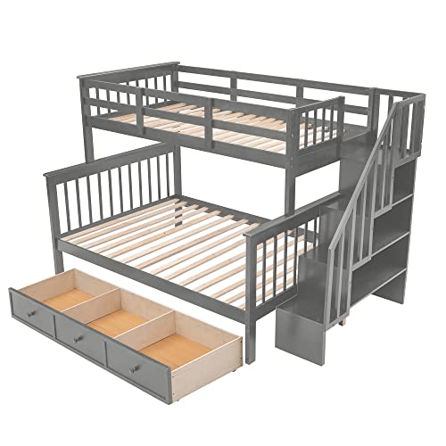 MERITLINE Twin Over Full Bunk Bed with Storage Drawers, Shelves, Guardrails, and Stairs Grey
