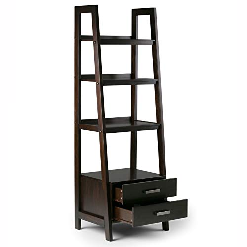 SIMPLIHOME Sawhorse 24" Solid Wood Ladder Shelf Dark Chestnut Brown