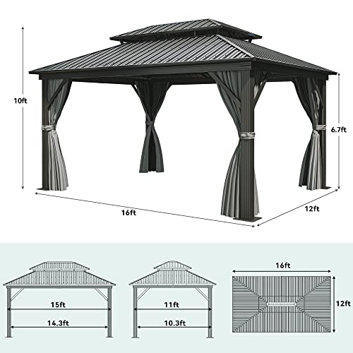 YITAHOME 12x16ft Hardtop Gazebo with Nettings and Curtains Gray