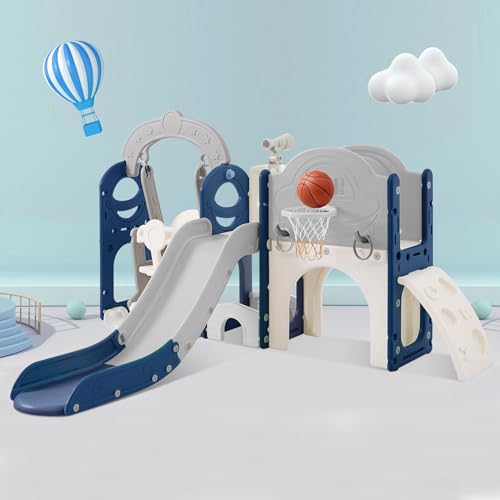 KOZYSFLER 8-in-1 Toddler Slide and Swing Set with Basketball Hoop Grey/Blue/White