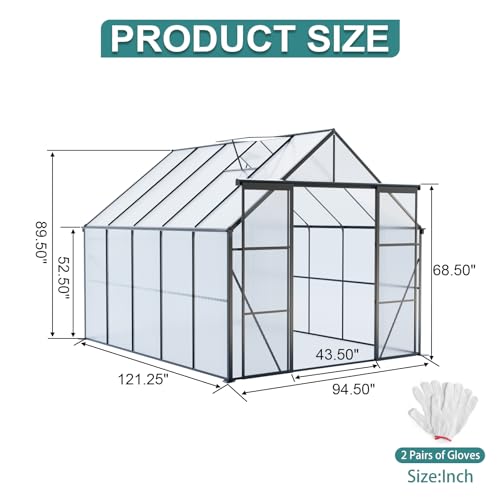 KEIKI 8x10 FT Double Door Polycarbonate Greenhouse with Aluminum Frame Black
