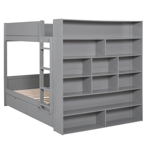 Acosure Full Over Full Bunk Bed with Storage Drawers and Cabinet Grey