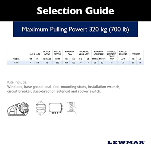 Lewmar V700 12V Vertical Windlass for 1/4" G4 Chain, 700 lbs Pull, 316 Stainless Steel, IP67 Rated, Multi
