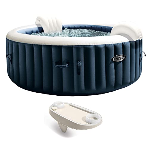 Intex Portable Inflatable Hot Tub Bubble Jet Spa with Tablet Mobile Phone Spa Tray Accessory, White Blue