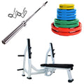French Fitness Rubber Grip Weight Plate Set with Olympic Bar 235 lbs + Bench