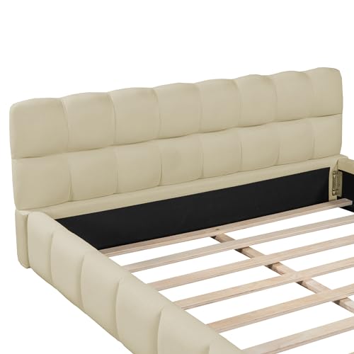 Jintop Queen Size Linen Upholstered Platform Bed Beige