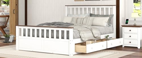FAVSH Queen Size Wood Platform Bed with Drawers White/Walnut
