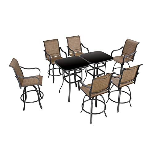 Festival Depot 8pcs Patio Dining Set Bar Height Stools Swivel Bistro Chairs Tempered Glass Top Table Metal Outdoor Furniture Brown