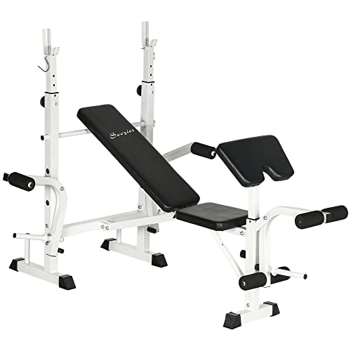 Soozier Adjustable Weight Bench with Squat Rack, Preacher Curl Pad, Leg Developer, Butterfly and Weight Storage Black and White