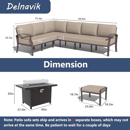 Kurapika 8-Piece Aluminum Patio Furniture Set with Propane Fire Pit Table, Modern Outdoor Sectional Sofa, Sand