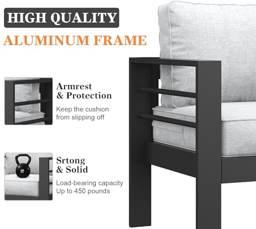 Vakollia 5 Pieces Modern Aluminum Patio Furniture Set with Fire Pit Table Black/Glass Top