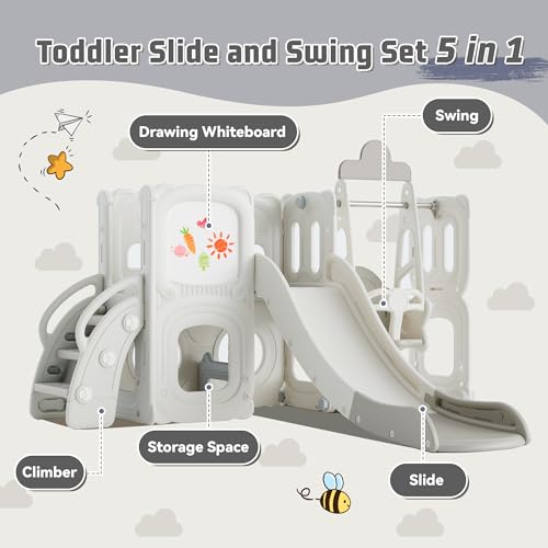KZPFER 5-in-1 Toddler Slide and Swing Set with Whiteboard Gray