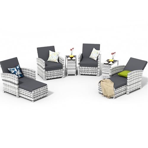 BALDPER 10-Piece Outdoor Patio Furniture Set with Ottomans, Wicker Conversation Set, Grey