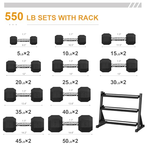 GarveeLife Premium Rubber Coated Hex Dumbbell Weight Set with Rack Black