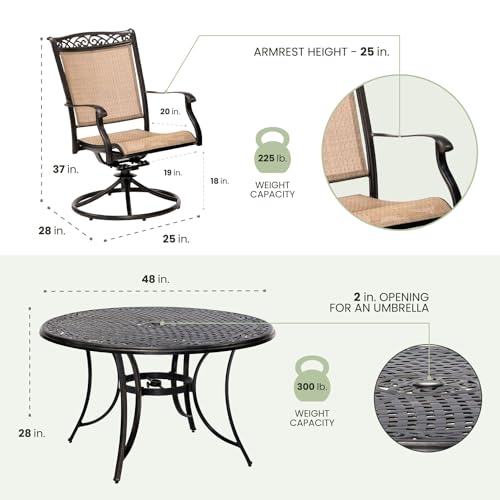 Hanover Fontana 5-Piece Patio Dining Set with Tan Sling Swivel Rocker Chairs and 48" Round Table